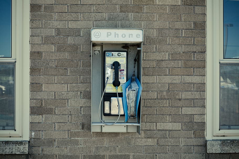 payphone on building's wall at daytime, pay phone, telephone booth, HD...
