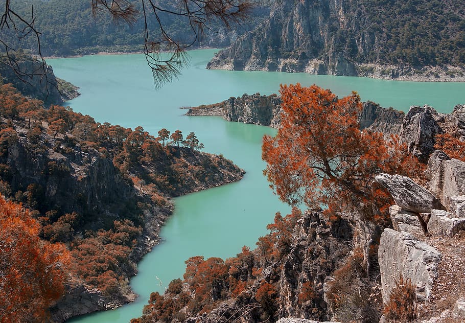 hidden paradise, arch dam, blue, water, beauty in nature, tree HD wallpaper