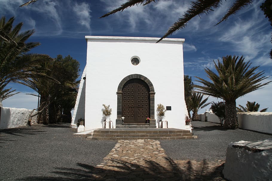 Chapel, Palm Trees, Lanzarote, Sky, building exterior, built structure, HD wallpaper