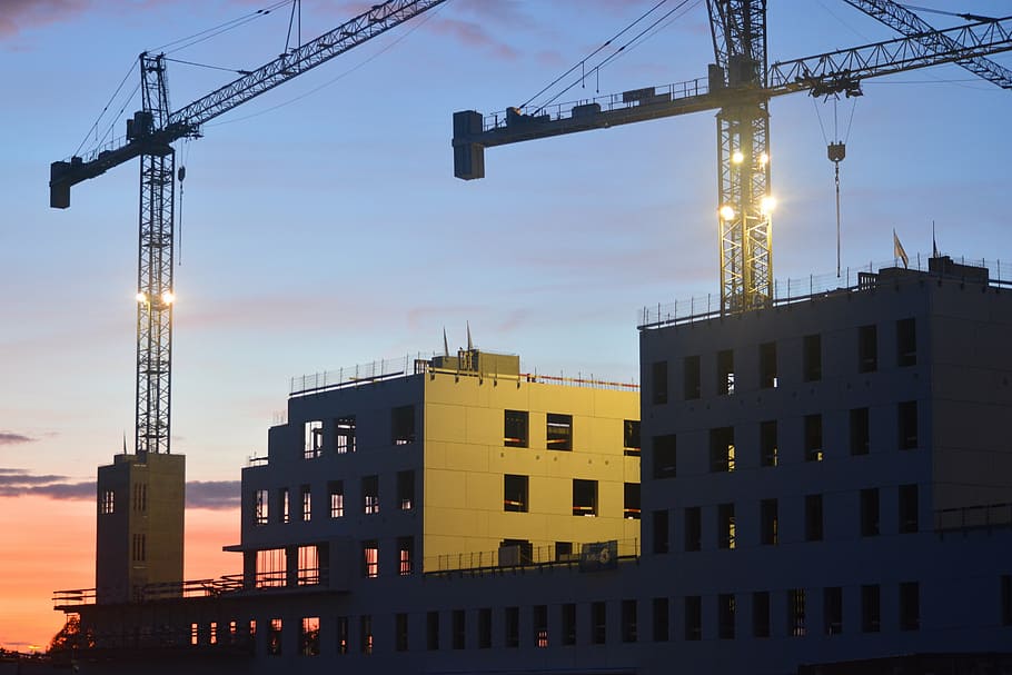 two cranes on top of building, taps, construction, architecture HD wallpaper