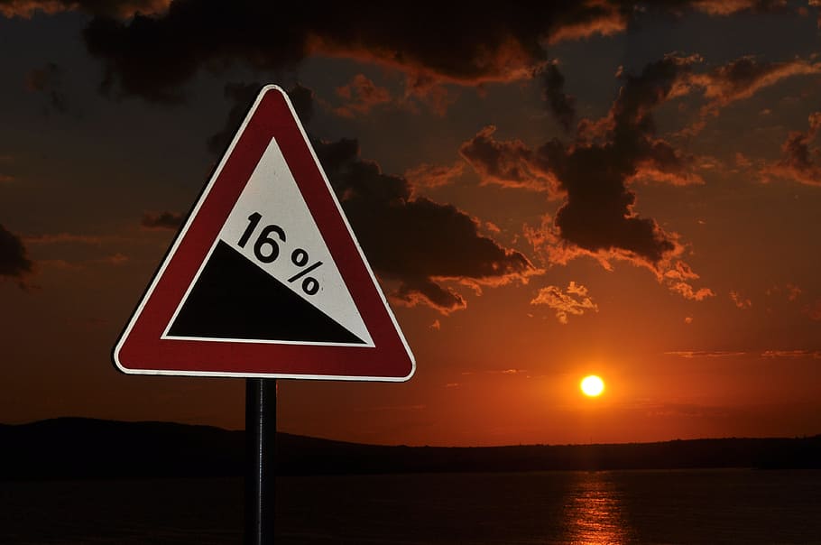sunset, sea, the sun, clouds, the decrease in, percent, road sign
