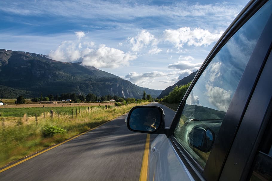 white car on road at daytime, clouds, mountains, side mirror HD wallpaper