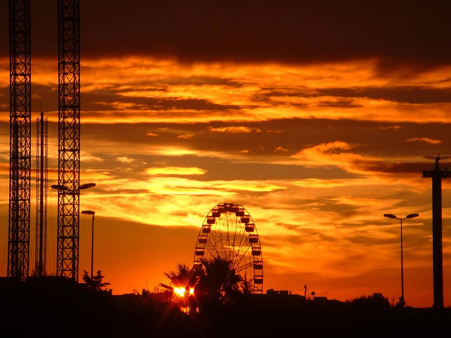 sunset, ferris wheel, sky, landmark, landscape, night, silhouette HD wallpaper