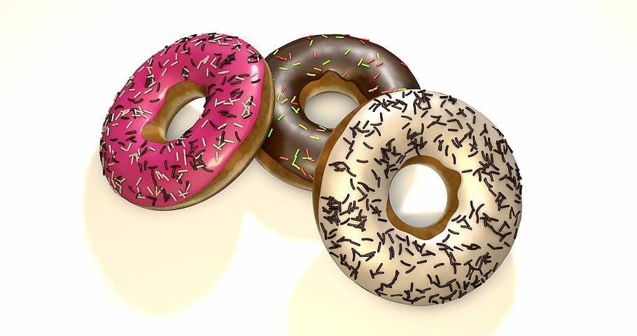 three assorted-color doughnuts, donuts, refreshment, delicious HD wallpaper