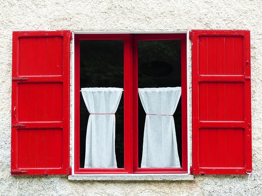 photograph of open window, shutter, red, wood, curtain, home HD wallpaper