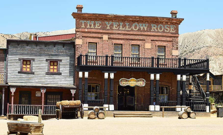 The Yellow Rose restaurant facade with barrels decor, house, saloon, HD wallpaper