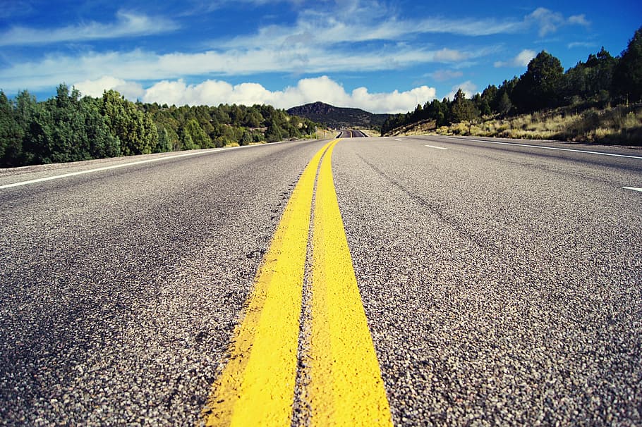 black asphalt road, pavement, highway, sky, sunshine, summer HD wallpaper