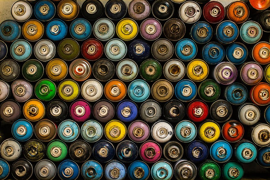 assorted can lot, assorted spray bottle lot, color, colour, paint, HD wallpaper