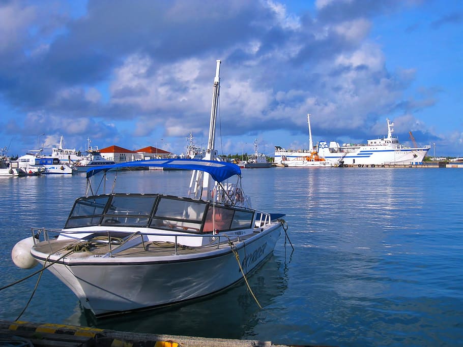 Boat, Engine, White, Sea, Sea, Port, Wharf, blue sky, cloud HD wallpaper