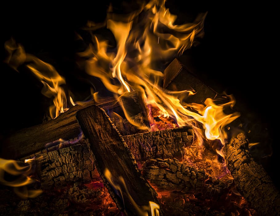 bonfire during night, flame, burn, hot, heat, brand, embers, grill, HD wallpaper