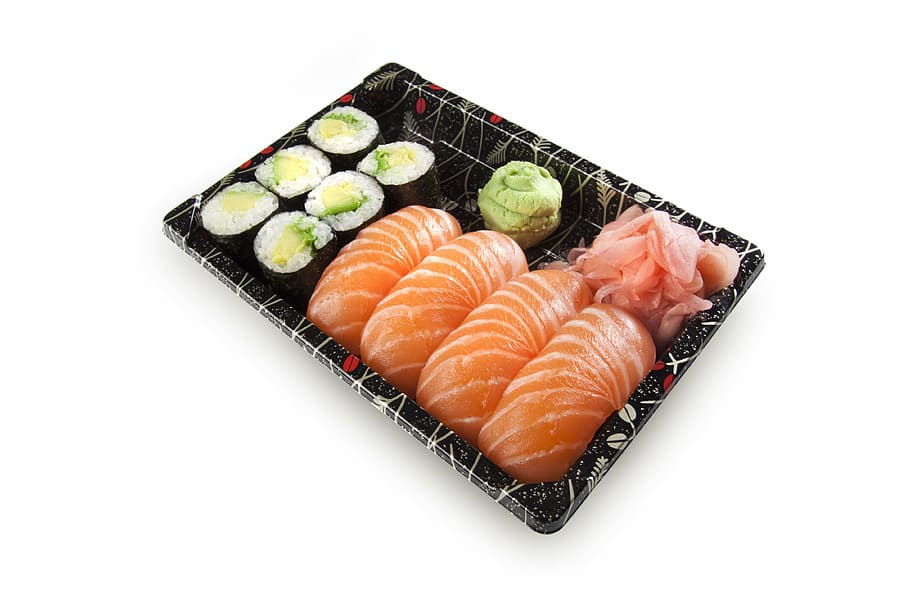 sushi, set, nigiri, maki, fish, raw, salmon, rice, wasabi, japanese food, HD wallpaper