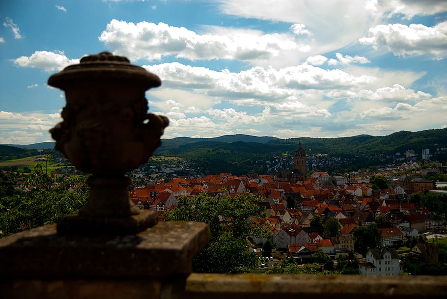 bad wildungen, friedrichstein, sky, clouds, village, mountains HD wallpaper