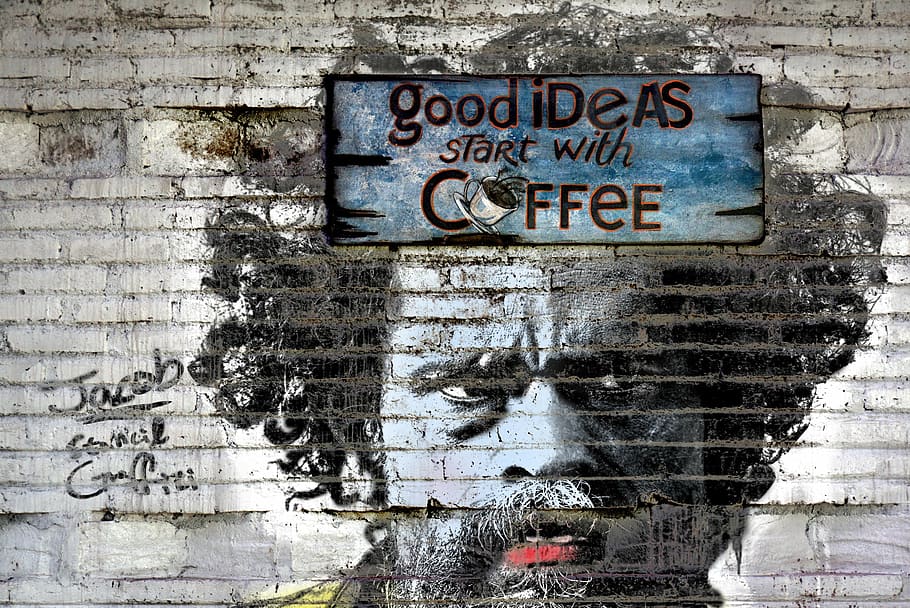 photo of Good Ideas Start with Coffee graffiti, facial, wall, HD wallpaper