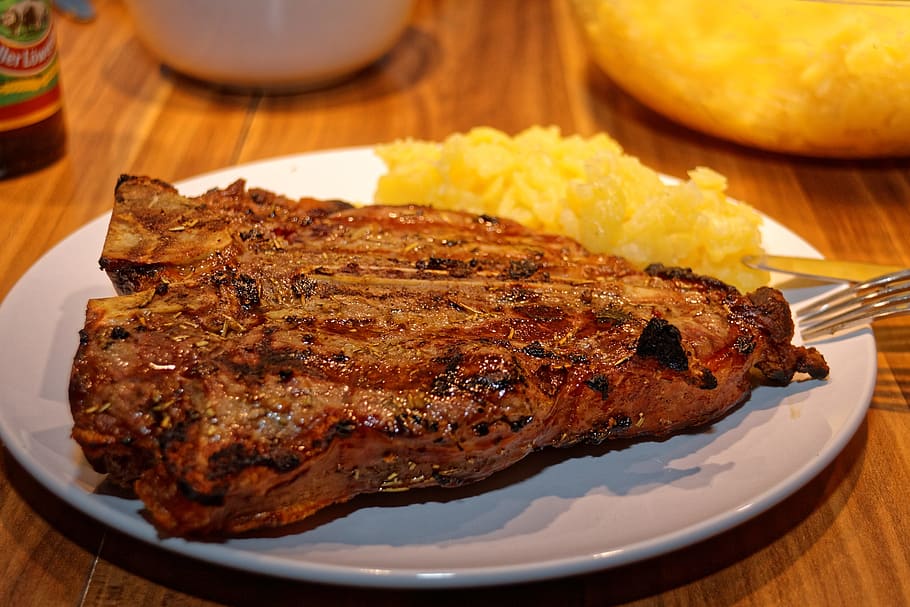roasted steak on white plate close-up photography, T-Bone, Steak