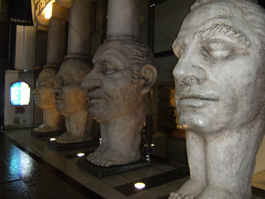 sculpture, faces, different, grand, weird, statue, stone, head HD wallpaper