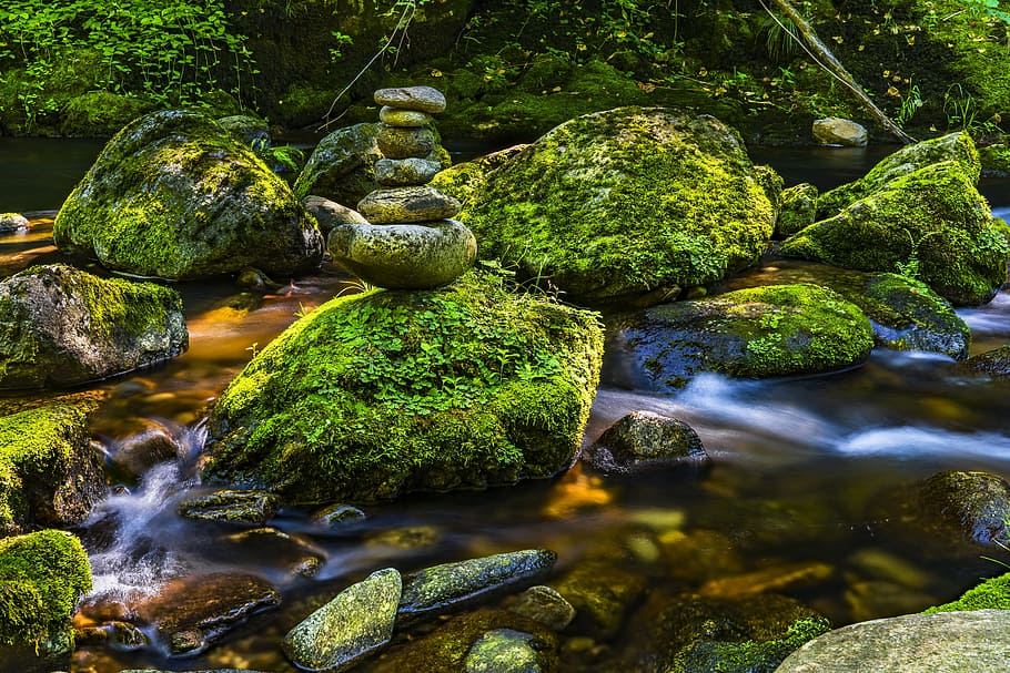 balance stone near river, water, nature, landscape, stones, flow