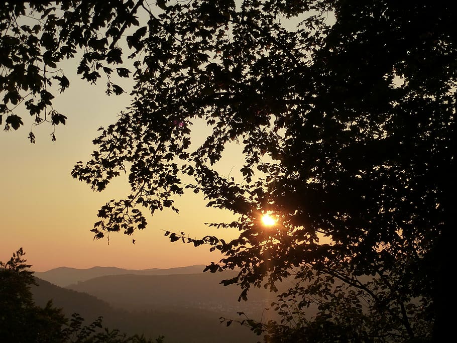 sunset, sky, evening sky, mountains, trees, drop shadow, dark HD wallpaper