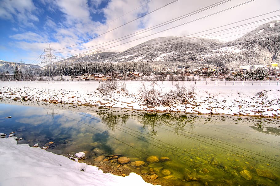 river, austria, winter, hdr, cold, snow, mountain, clouds, rocks HD wallpaper