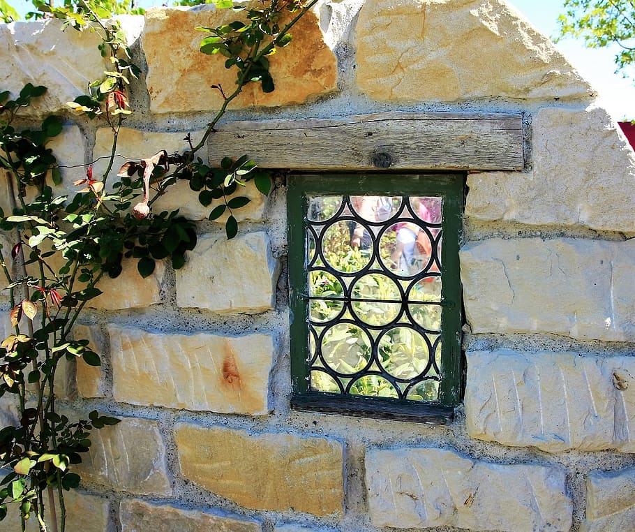 window, wall, garden, bullseye, stone wall, roses, masonry HD wallpaper