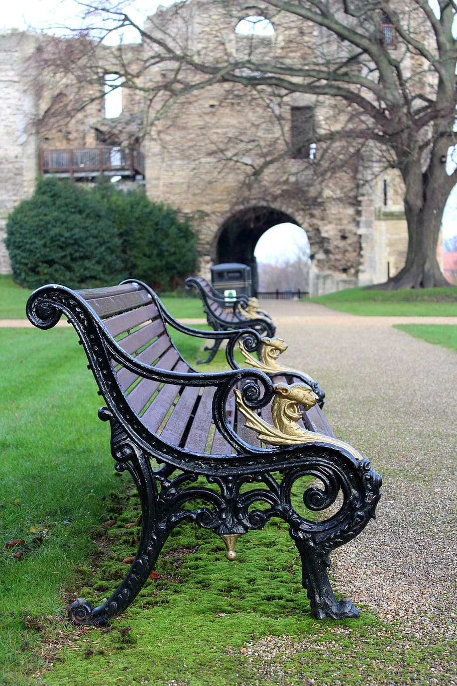Castle, Park, Park Bench, Grass, green, tree, outdoors, seat HD wallpaper