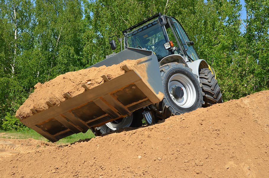 grey front loader carrying soil, excavator, equipment, construction, HD wallpaper