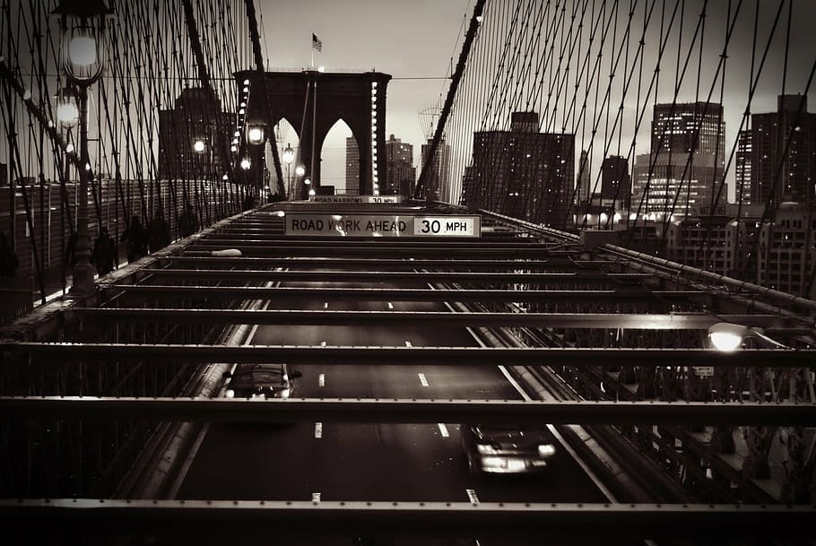 brooklyn, bridge, black, white, new york, america, usa, night HD wallpaper