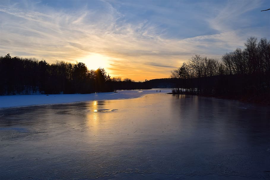 Sunset, Lake, Winter, Trees, Shadows, sky, nature, landscape HD wallpaper