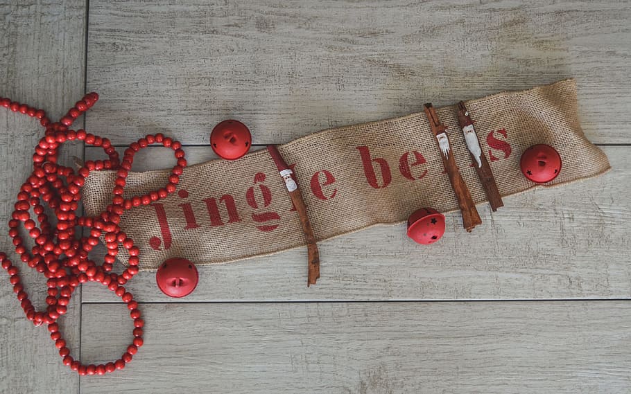 holidays, festive, decoration, red, from above, texture, jingle bells HD wallpaper