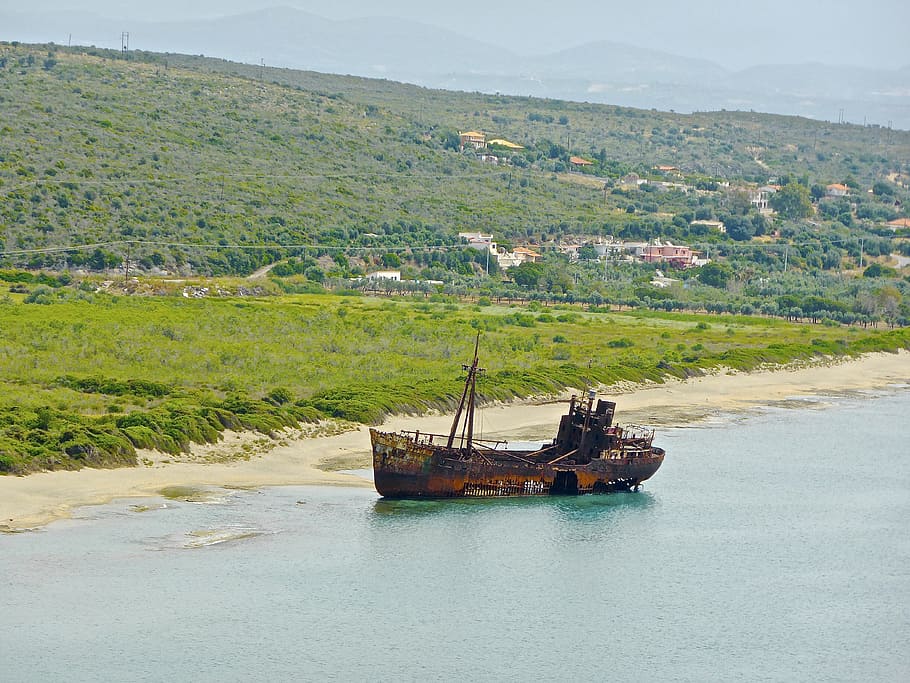 shipwreck, coast, hulk, beach, boat, rust, sand, abandoned HD wallpaper