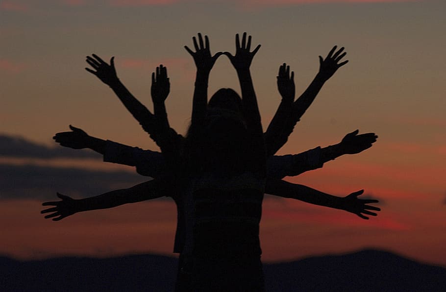 silhouette of people raising hands, tree, like, arms, fun, dusk HD wallpaper
