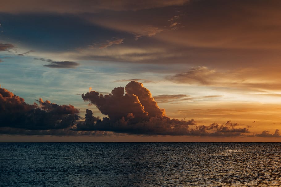 sea, dawn, nature, sky, backlit, beach, clouds, dramatic, dusk HD wallpaper