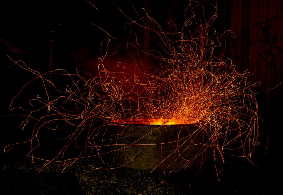 fire pit with fire, gray fire pit, heat, flame, night, light HD wallpaper