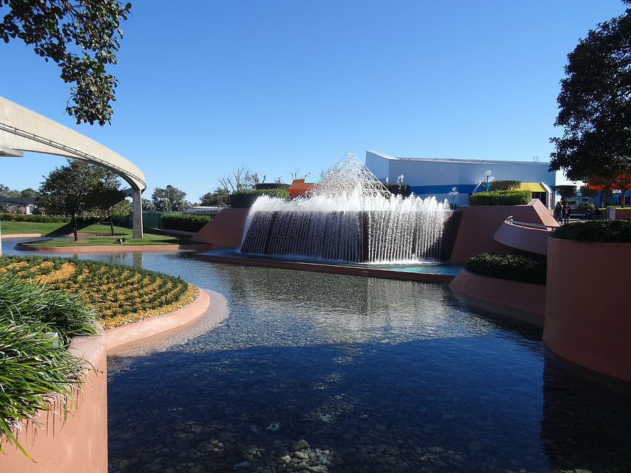 disney, fountain, epcot, water, plant, sky, nature, architecture