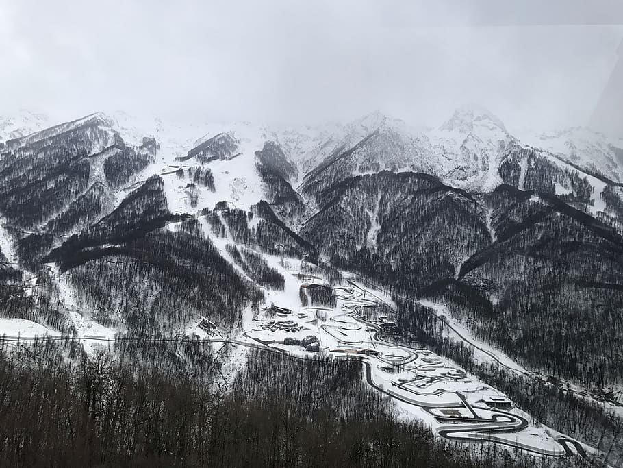 mountain, winter, rosa khutor, sochi, clouds, trees, snow, nature HD wallpaper