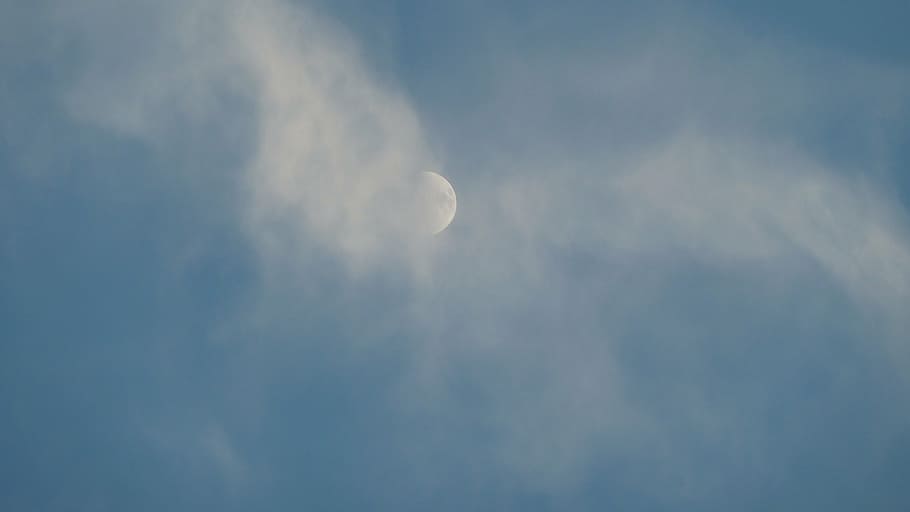 sky, moon, clouds, evening sky, sky blue, cloud - sky, low angle view HD wallpaper