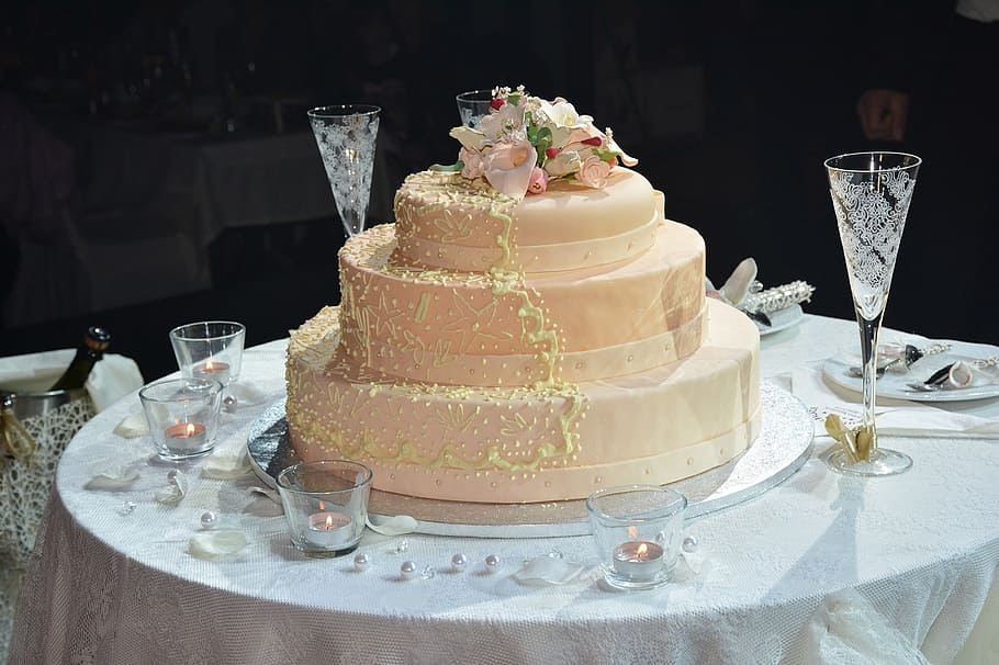 4-tier cake on table, wedding cake, ceremony, reception, cater, HD wallpaper