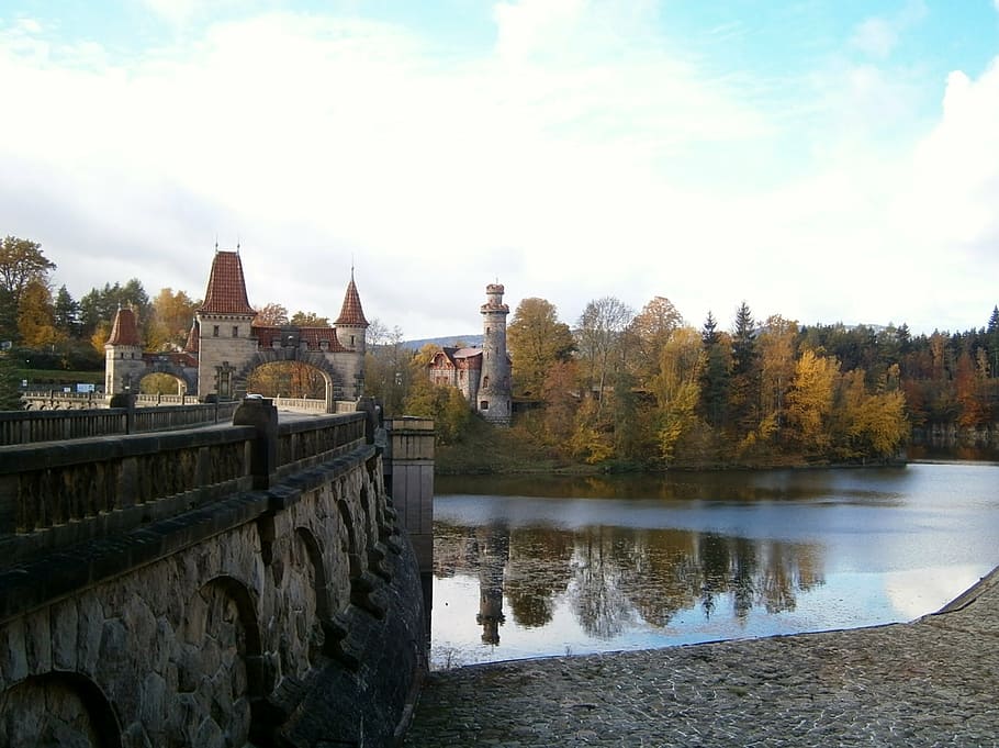 dam, water, story, kingdom, towers, bridge, autumn, czech republic, HD wallpaper