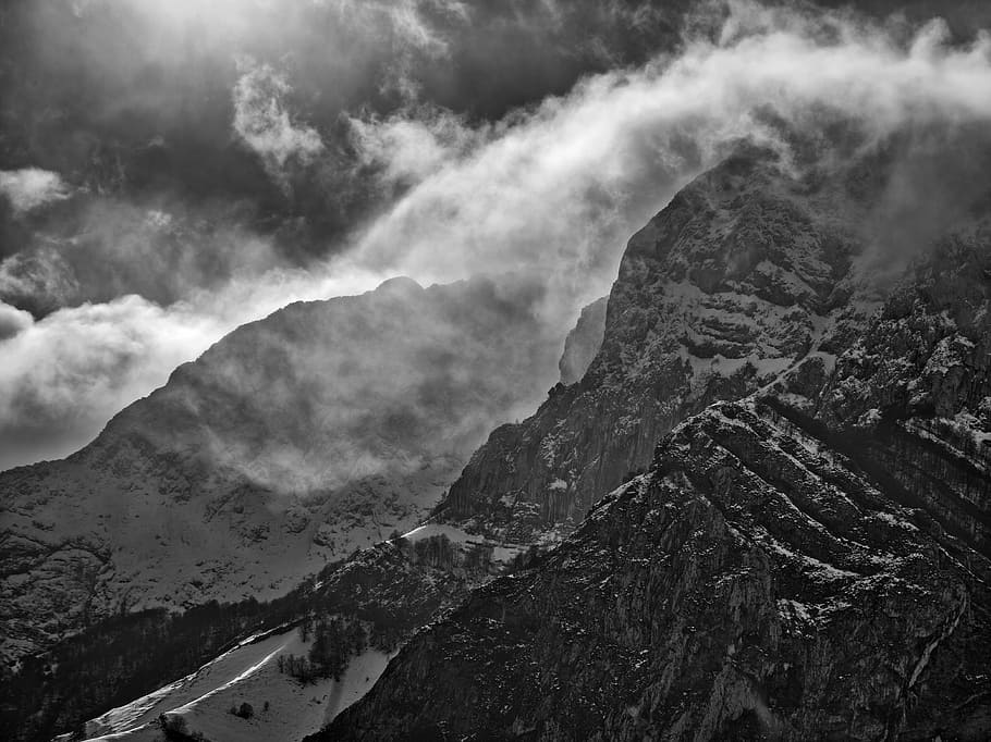 grayscale photo of mountain, grayscale photography of mountain under white clouds HD wallpaper