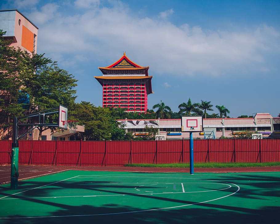 green basketball court, built structure, building exterior HD wallpaper