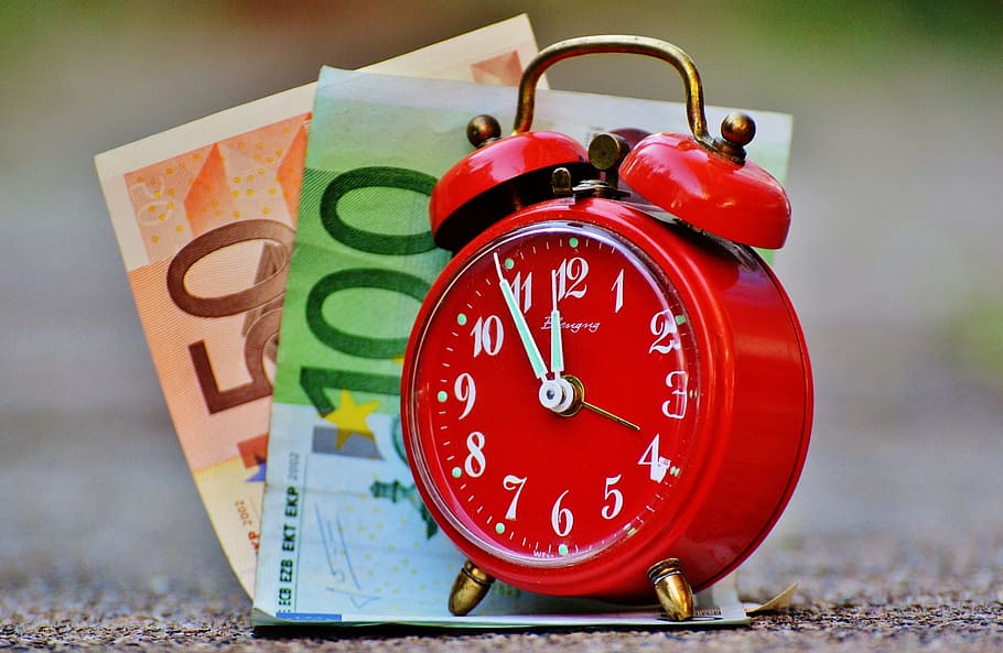 selective focus photography of red alarm clock on top of banknotes, HD wallpaper