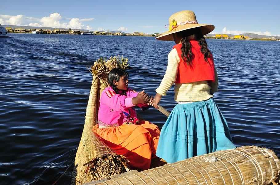 girl's blue skirt and red vest, peru, titicaca, lake, more HD wallpaper