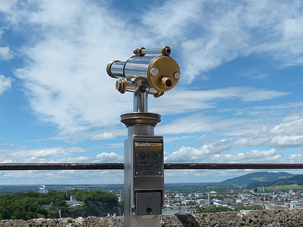 silver and gold coin-operated telescope, by looking, view, binoculars HD wallpaper