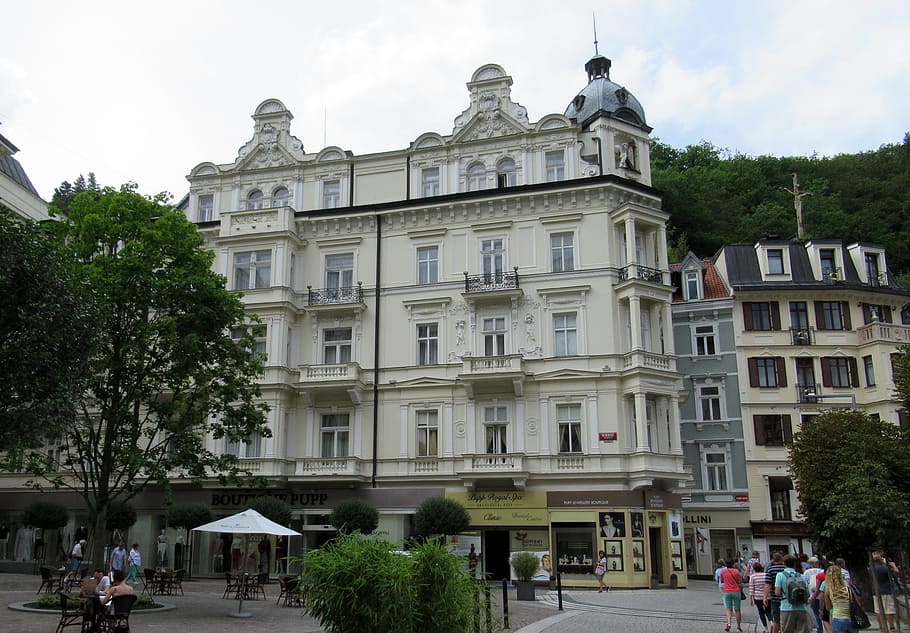 karlovy vary, hotel, tower, architecture, tree, building exterior HD wallpaper