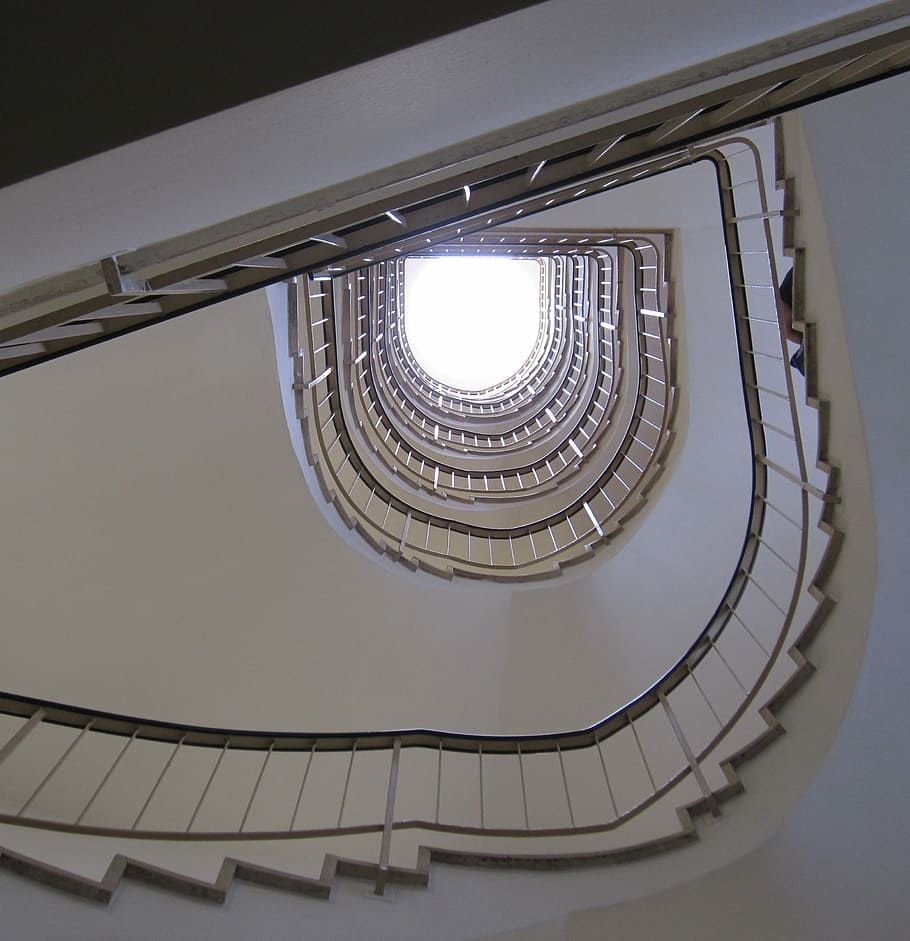 staircase, railing, stairs, architecture, perspective, below HD wallpaper