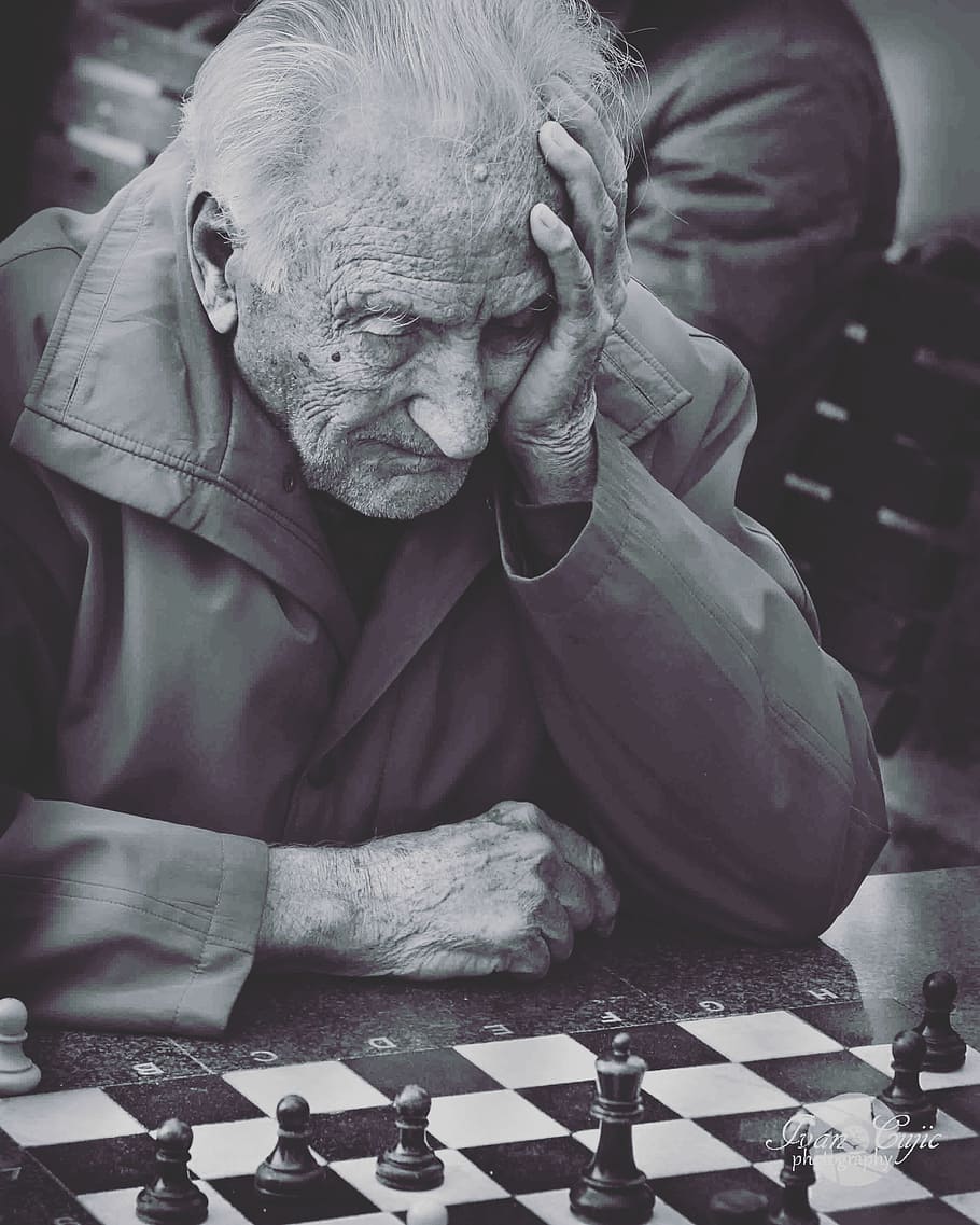 Grayscale Photo of Man Playing Chess, black-and-white, elderly HD wallpaper