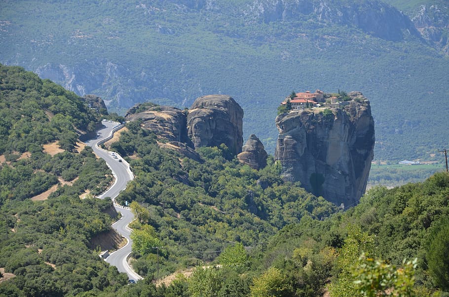 meteora, greece, cliff, orthodox, landscape, rock, mountain HD wallpaper