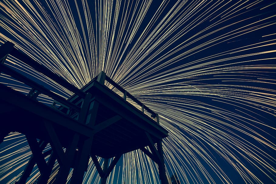 brown wooden platform wallpaper, low angle of brown bridge, firework HD wallpaper