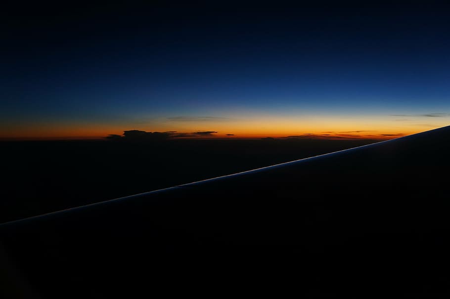 sunset, aircraft, wing, sky, night, view, nature, airplane HD wallpaper
