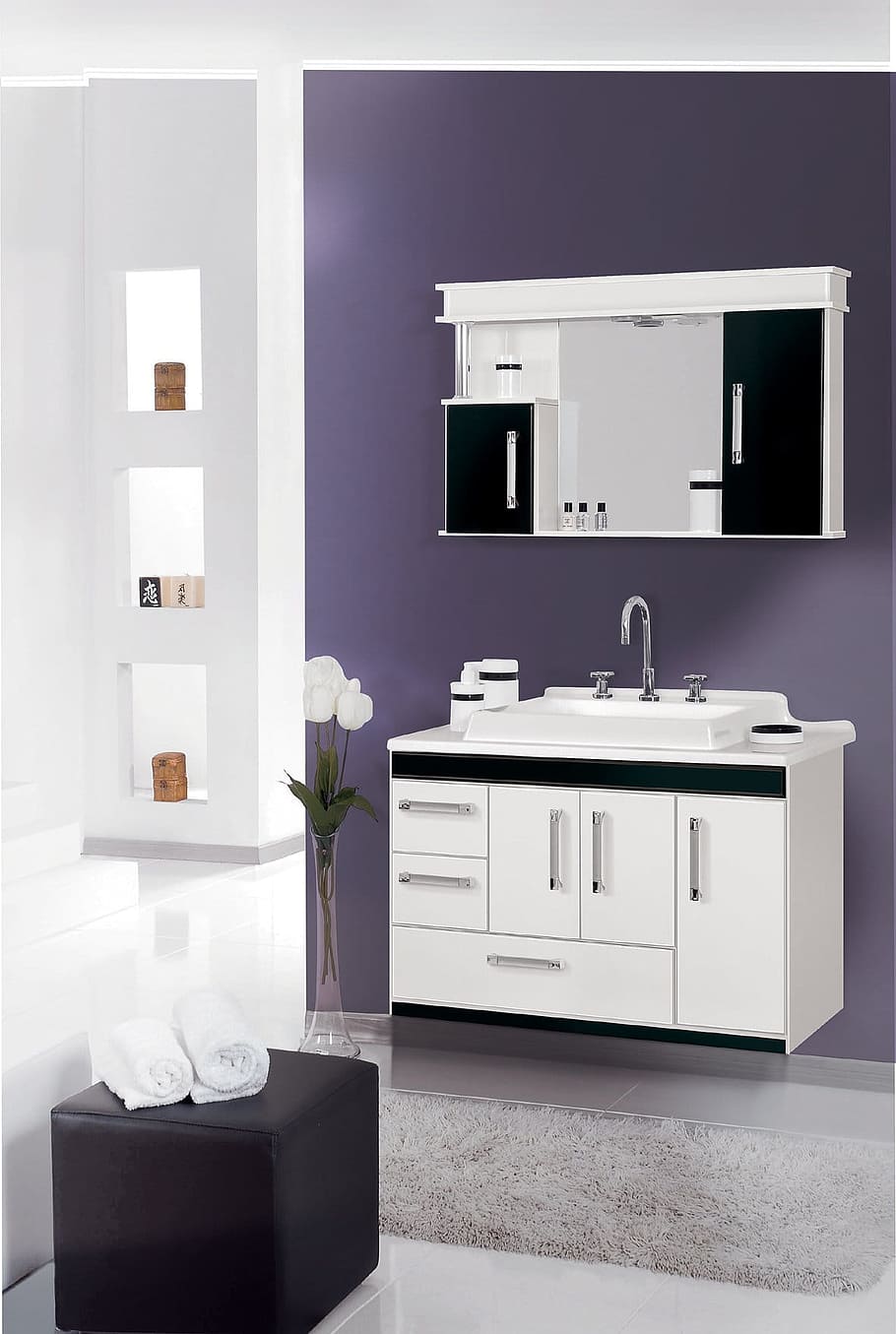 vase of white Tulip flowers beside combo vanity sink inside room HD wallpaper