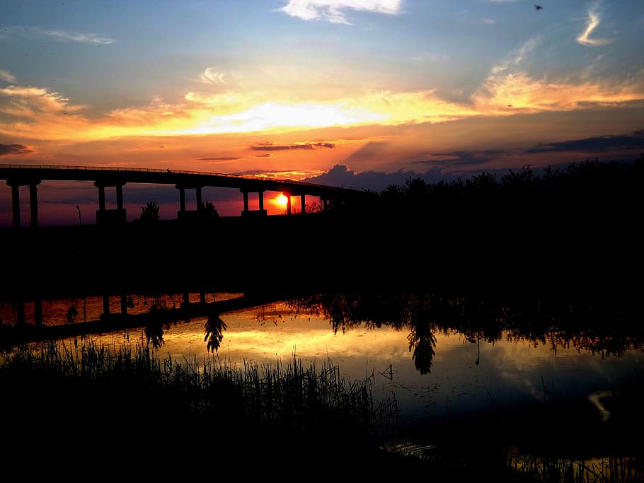 sunset, bridge, water, reflection, red, in the evening, sky HD wallpaper